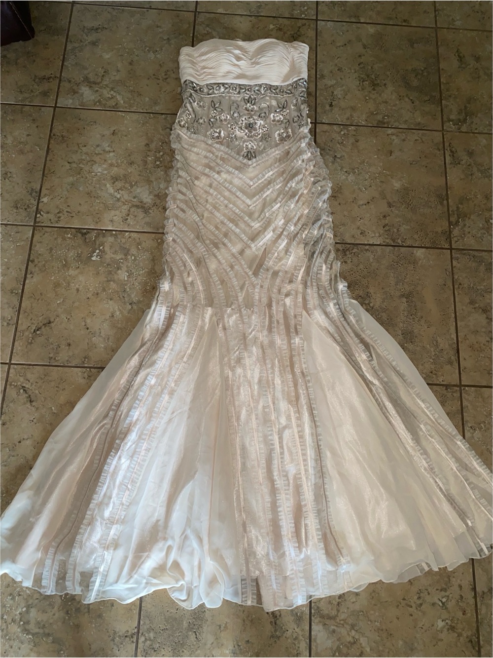 Vintage SUE WONG Nocturne Strapless Beaded Ruched Mermaid Gown Dress Cream 4 - Picture 3 of 17
